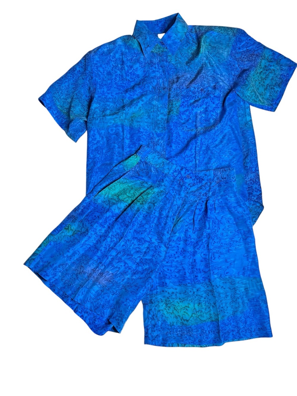 Vintage Hawaiian Silkyway 100% Silk 2 Piece Shirt Shorts Set Blue Large